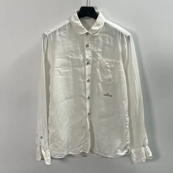 [BUNJANG] Stone Island Logo White Linen Shirt / 스톤아일랜드 로고 화이트 린넨 셔츠 (on.1688)