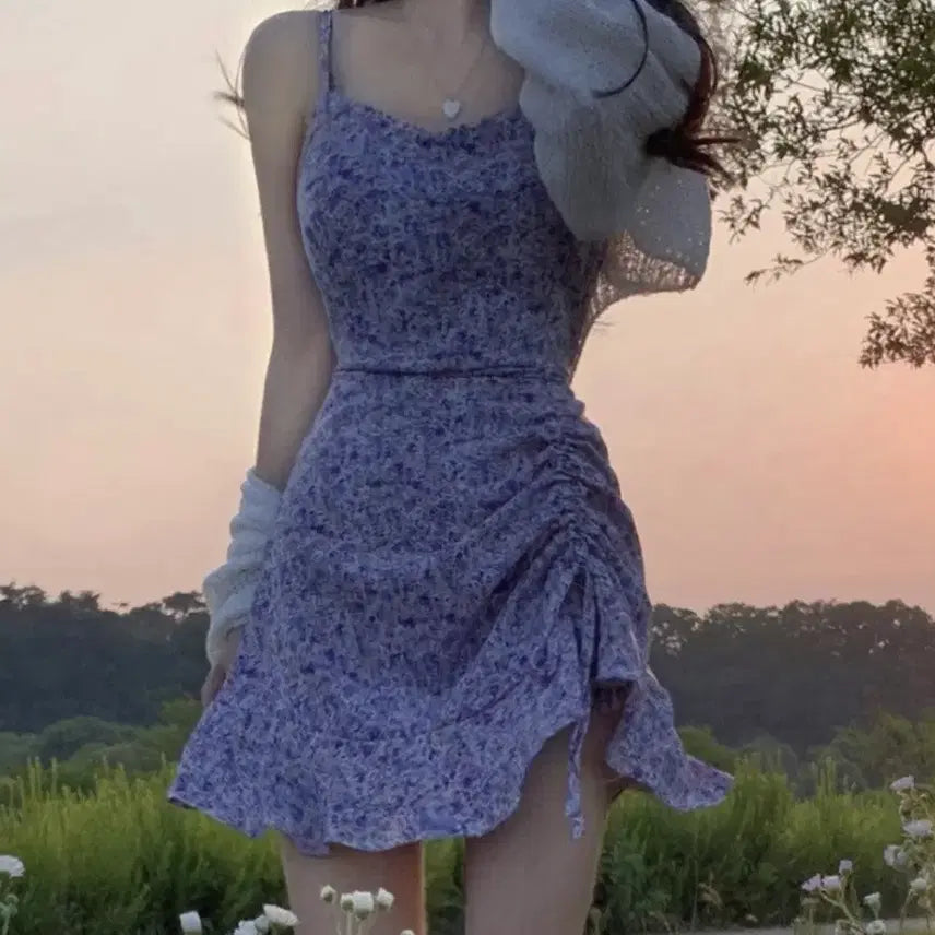[BUNJANG] Floral Shirring Chiffon Ribbon Bustier Strap Sleeveless Dress / 뷔스티에 끈나시 빈티지 꽃무늬 셔링쉬폰 리본 원피스