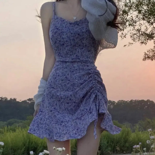 [BUNJANG] Floral Shirring Chiffon Ribbon Bustier Strap Sleeveless Dress / 뷔스티에 끈나시 빈티지 꽃무늬 셔링쉬폰 리본 원피스
