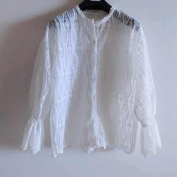 [BUNJANG] Lace See-Through Blouse White / 레이스 시스루 블라우스 화이트