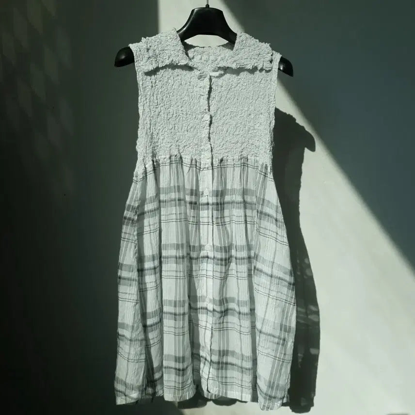 [BUNJANG] me Issey Miyake Sleeveless Tunic Mini Dress Grey Plaid Check A-line / me Issey Miyake Crinkle Tunic/ One-piece