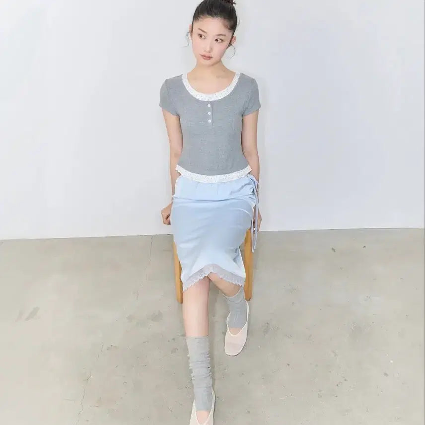 [BUNJANG] MIXXO Pattern Frill Layered T-shirt - Charcoal, Size S / 미쏘 패턴 프릴 레이어드 티셔츠