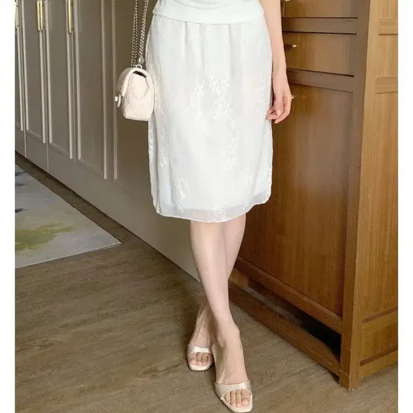 [BUNJANG] FABBID Flower Embroidered Wrinkle Banding Midi Skirt / 퍼빗 플라워 자수 링클 밴딩 미디스커트
