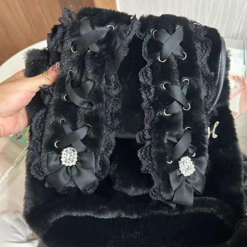 [BUNJANG] Noemie Goth Lolita Lace Black Rabbit Ear Backpack / 노에미 고스로리고딕지뢰계양산향 레이스 블랙 토끼귀 백팩