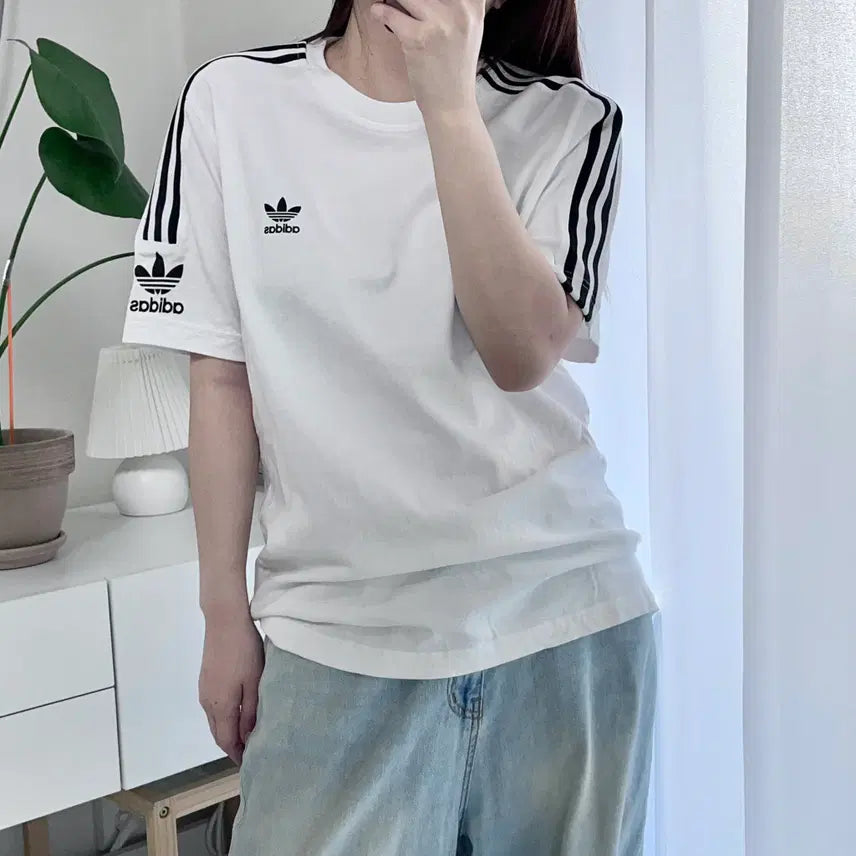 [BUNJANG] Adidas White Trefoil Three-Stripes T-Shirt (L) / 아디다스 화이트 트레포일 삼선 반팔티  [ L ]