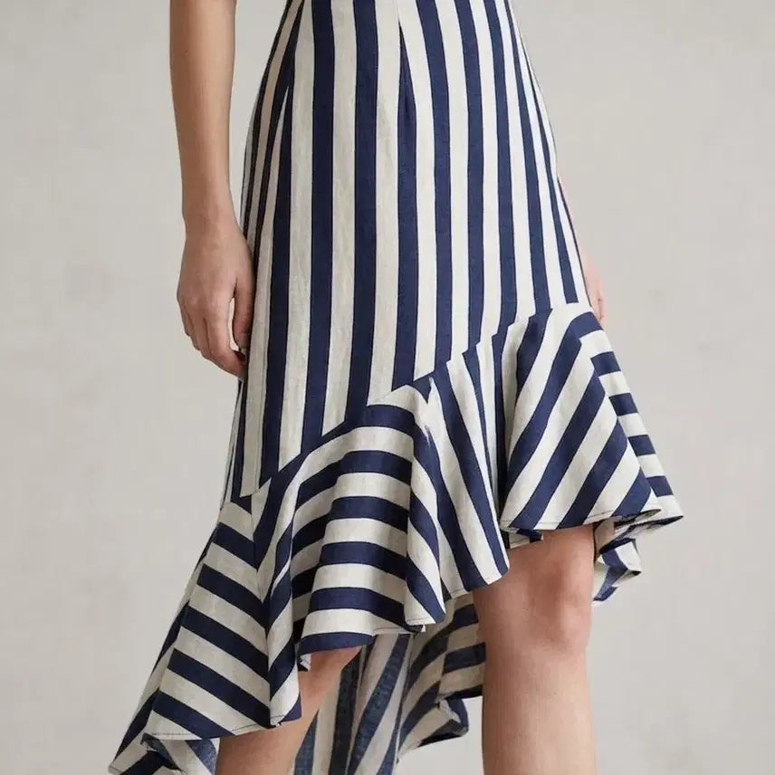 [BUNJANG] 8seconds Linen Blend Unbalanced Stripe Mermaid Skirt (Navy, M) / 에잇세컨즈 린넨혼방 언밸런스 스트라이프 머메이드 스커트 M | 네이비