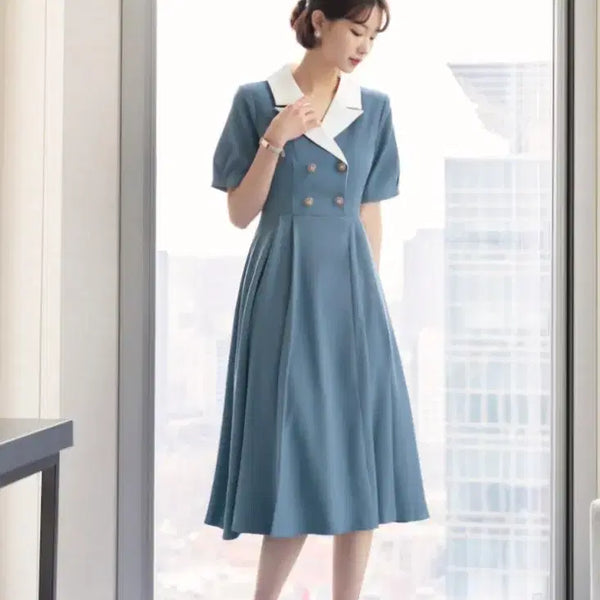 [BUNJANG] Chic Line Color Block Collar Double Button Long Dress (Size M) / 시크라인 배색카라 더블 원피스 (M사이즈)