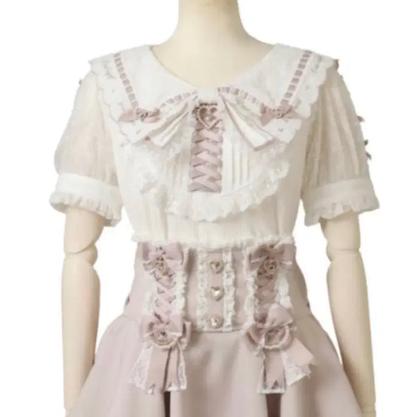 [BUNJANG] Lizlisa Scallop Ribbon Collar Tops Pink / 리즈리사 스칼랩 리본 옷깃 리브 탑스 핑크 판매
