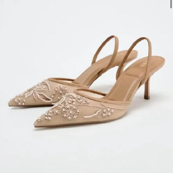 [BUNJANG] ZARA Mules Slingback Heels Beige Beaded Lace Wedding Shoes Summer Shoes 225, 230 / 자라 뮬 슬링백 뮬 힐 베이지 비즈 웨딩슈즈 웨딩구두 여름구두 225, 230 레이스힐