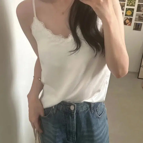 [BUNJANG] Loginess Satin Lace Camisole White / 로지니스 캡내장 샤틴 레이스 나시 화이트