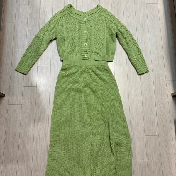 [BUNJANG] Mint Green Knit Cardigan Set Dress / 연두색 니트 원피스 가디건 세트