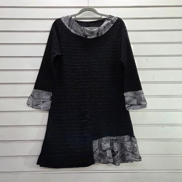 [BUNJANG] Black Pleated Chiffon Detail Long Blouse / 블랙  주름원단  쉬폰포인트 부인복  롱블라우스/보물찾기천사