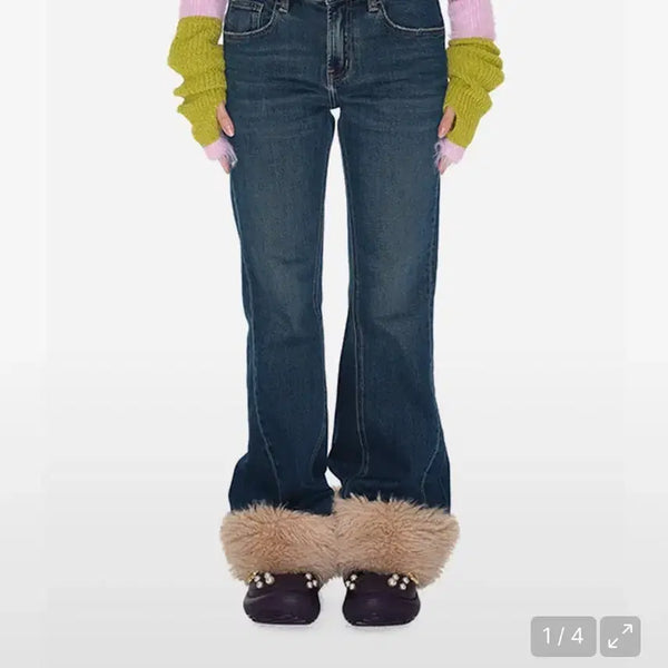 [BUNJANG] Youthbath Fur Denim Pants Blue Leopard / 유스배스 유쓰배쓰 퍼 데님 팬츠 블루 레오파드 갸루