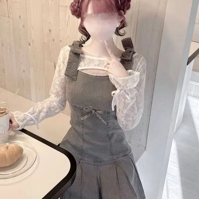 [BUNJANG] Honey Myu Lace Ensemble Denim Dress / 허니뮤 레이스 앙상블 데님 원피스 양산형 지뢰계 스나계 grl 미셸마카롱 피움 에블린 다리치 안미르
