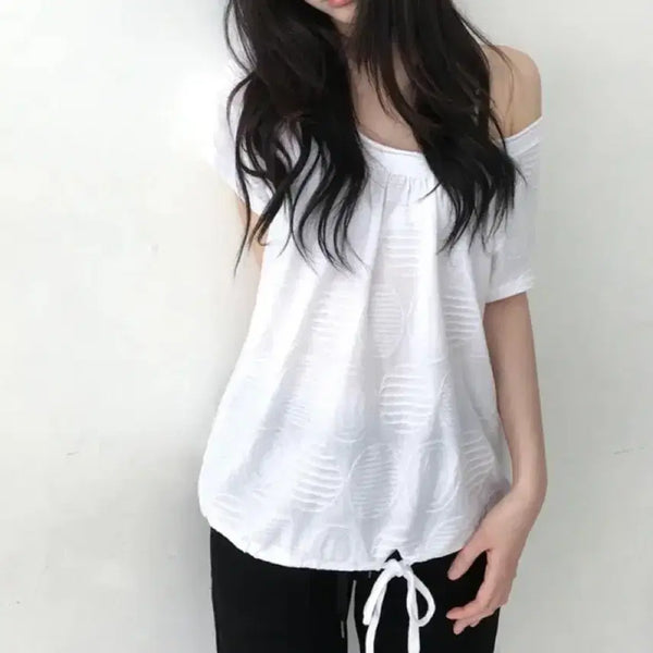 [BUNJANG] selectSoe Dotted Shirring Off-Shoulder T-Shirt White / selectSoe dotted off tee 오프숄더 셔링 티셔츠 화이트
