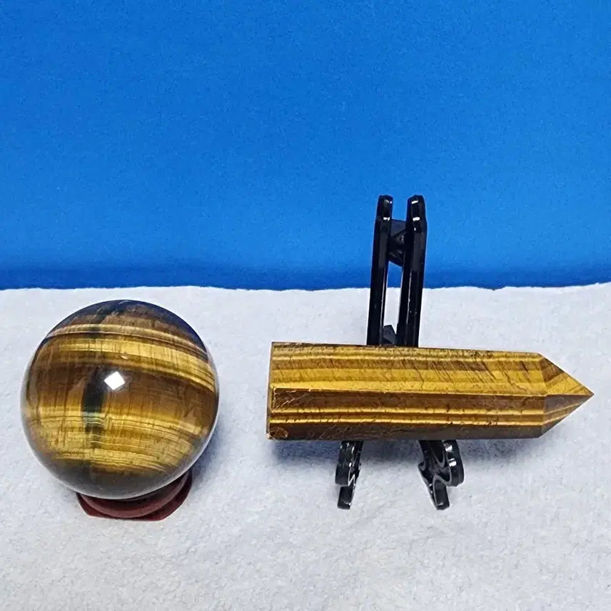 [BUNJANG] Tiger's Eye Natural Stone Orb and Obelisk Set with Stand / 천연 호안석 원석 볼 +오벨리스크 세트+받침대