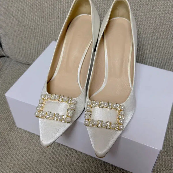 [BUNJANG] Graceu Satin Pearl Ivory Heels - Size 37 (240mm) / 그레이스유 새틴 펄 아이보리 구두
