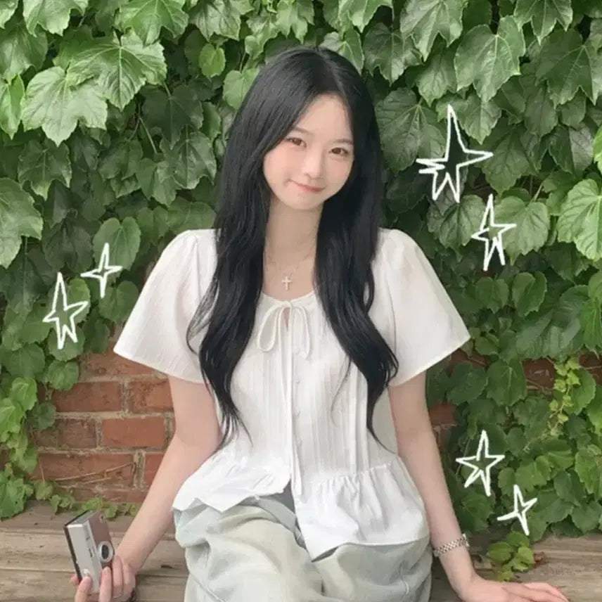 [BUNJANG] Bliz Summer White Striped Ruffle Short Sleeve Blouse / 블리즈 여름 블라우스 에이블리 반팔 줄지 화이트 프릴