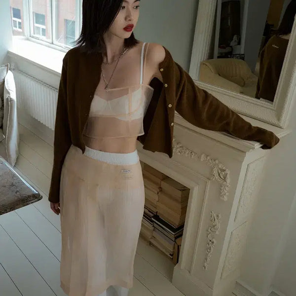 [BUNJANG] Overdueflair Sheer Organza Pleated Skirt Peach Cream / 오버듀플레어 시어 오간자 스커트 SHEER ORGANZA PLEATED SKIRT PEACH CREAM