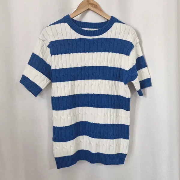 [BUNJANG] Cable Knit Blue Striped Short Sleeve Sweater / 케이블 니트 블루 단가라 반팔