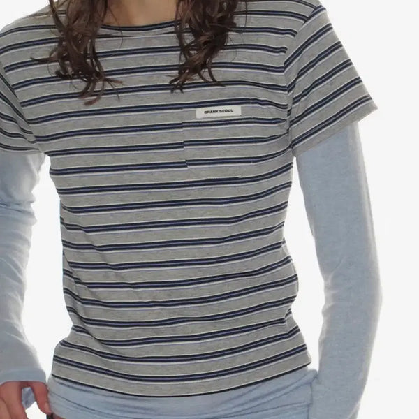[BUNJANG] CRANK Stripe Pocket T-Shirt Grey / 크랭크 반팔티 스트라이프 포켓티 그레이