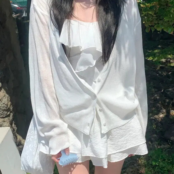 [BUNJANG] Finee Deep V-Neck Cardigan Ivory Summer / 피네 비누 딥 브이넥 가디건 아이보리 여름