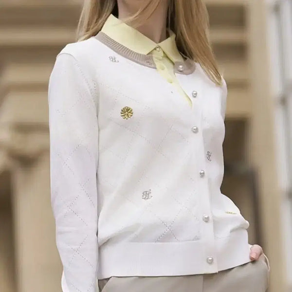 [BUNJANG] Fair Liar Pearl Button Quilting Cardigan White / 페어라이어  진주 단추 가디건 화이트