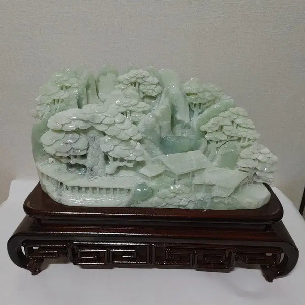 [BUNJANG] Jade Landscape Carving Ornament with Wooden Base / 옥원석 옥제품산수 조각 장식품
