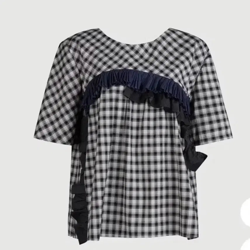 [BUNJANG] LUCKY CHOUETTE Check Ribbon Frill Blouse / 럭키슈에뜨 체크 리본 프릴 블라우스 38