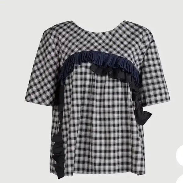 [BUNJANG] LUCKY CHOUETTE Check Ribbon Frill Blouse / 럭키슈에뜨 체크 리본 프릴 블라우스 38