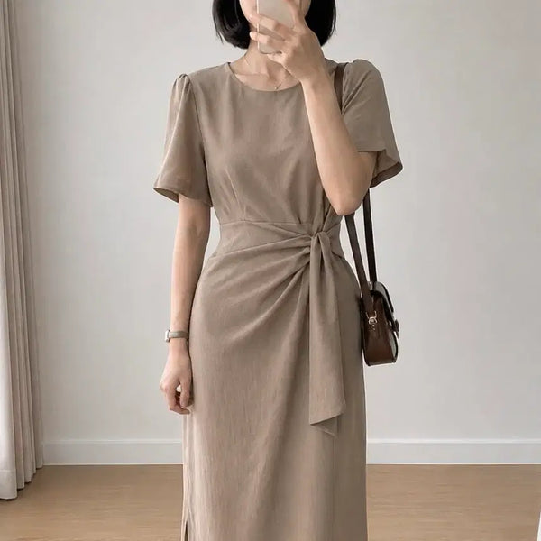 [BUNJANG] EDD Beige Twisted Wrap Dress (Free Size) / edd 베이지 반팔 꼬임 랩 원피스 Free