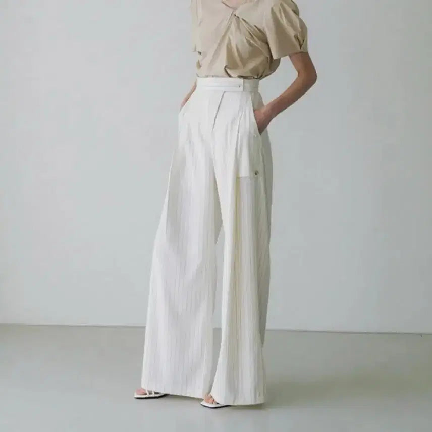 [BUNJANG] Our Cosmos Stripe Wide Pants Cream / 아워코모스 포켓 스트라이프 와이드팬츠 크림