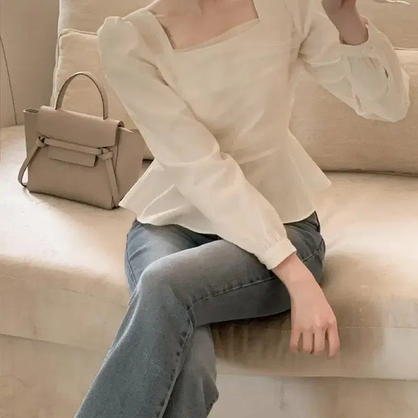 [BUNJANG] White Square Neck Puff Sleeve Blouse / 하객룩 블라우스