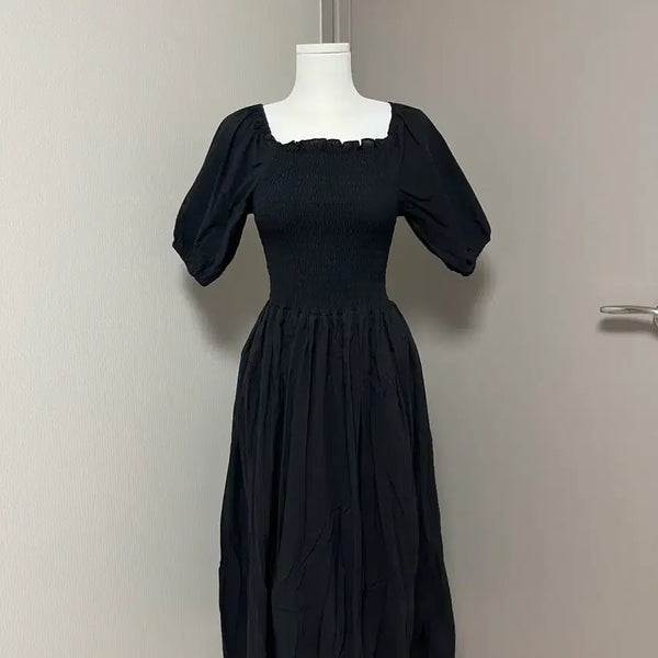[BUNJANG] Black Smocked Banding Midi Dress / 블랙 스모크 밴딩 원피스