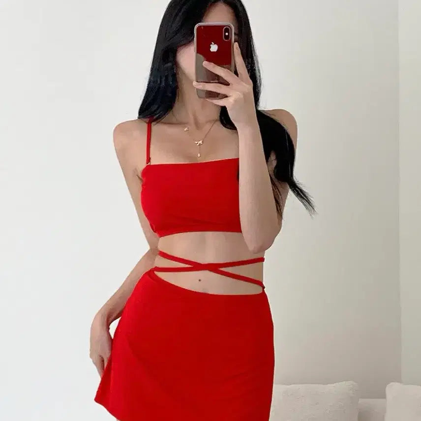 [BUNJANG] Red Wrap Strap Three-Piece Bikini / 레드 랩 스트랩 쓰리피스 비키니