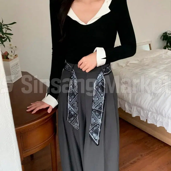 [BUNJANG] Self-Produced Round V-Neck Scarf with Contrast Collar / [빠른발송] 스토리티 베스트 카라 배색 자체제작라운드 브이넥 스카프