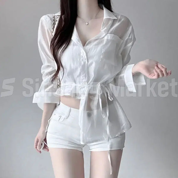 [BUNJANG] See-Through Mini V-Neck Crop Sexy Shirt / [빠른발송] 시스루 언벌 셔츠 검정 미니 브이넥 크롭 섹시 시스루 셔츠