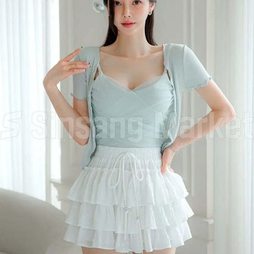 [BUNJANG] Avelas Skirt Black Mini V-Neck Crop Sexy Shorts Frill Lace / [빠른발송] 아벨라스커트 검정 미니 브이넥 크롭 섹시 속바지 프릴 레이스