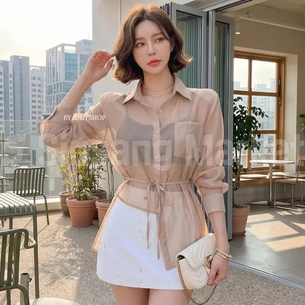 [BUNJANG] See-Through Mini V-Neck Crop Sexy Shirt / [빠른발송] 시스루 언벌 셔츠 검정 미니 브이넥 크롭 섹시 시스루 셔츠