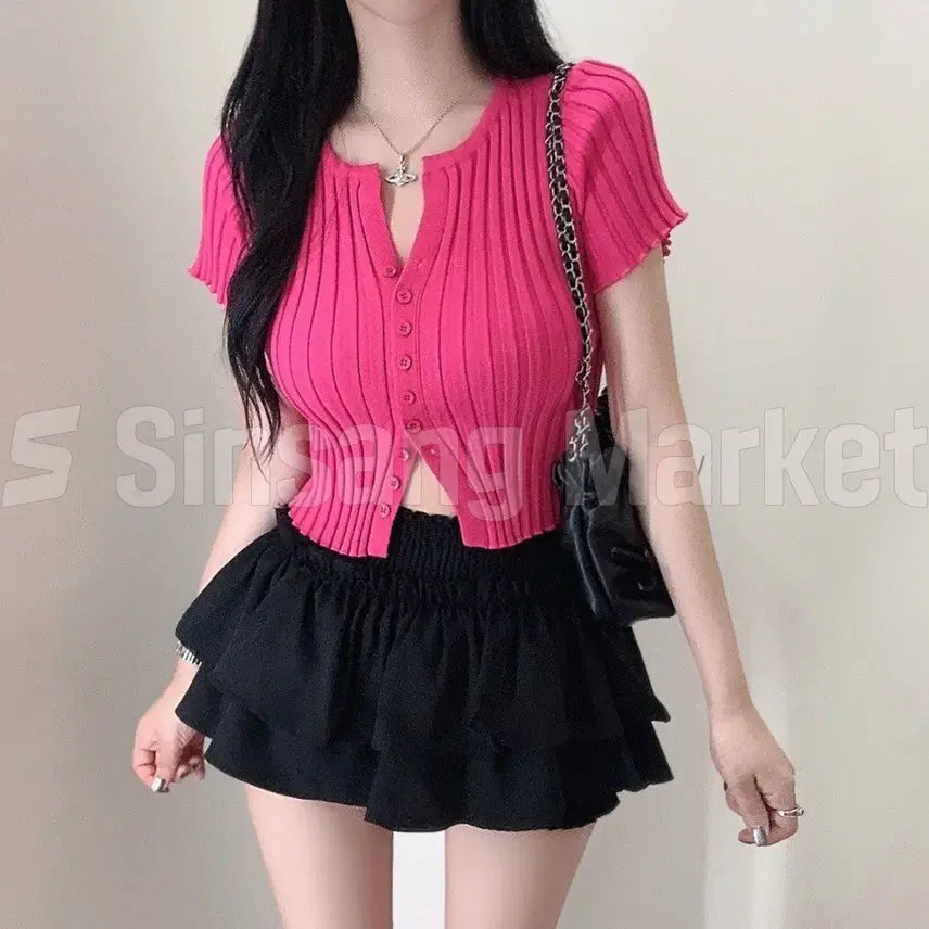[BUNJANG] Maccani Knit Sexy Crop V-Neck Top / [빠른발송] 마카니트 섹시 크롭 브이포인