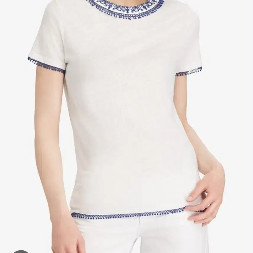 [BUNJANG] Lauren Ralph Lauren Linen Short Sleeve T-Shirt with Lace Detail - White / 로렌 랄프로렌 레이스 디테일 린넨 반팔 티셔츠 화이트 44~날씬55