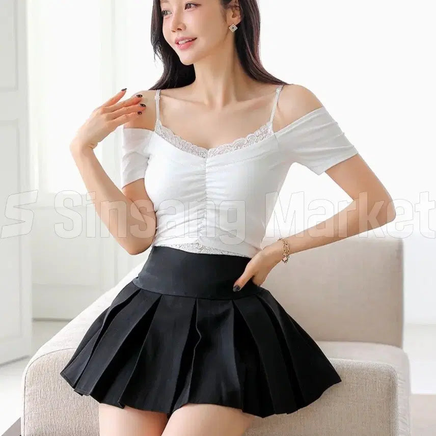 [BUNJANG] Siora Sexy Shirring Lace Off-Shoulder Mini Dress / [빠른발송] 시오라 섹시 셔링 레이스 오프검정 미니