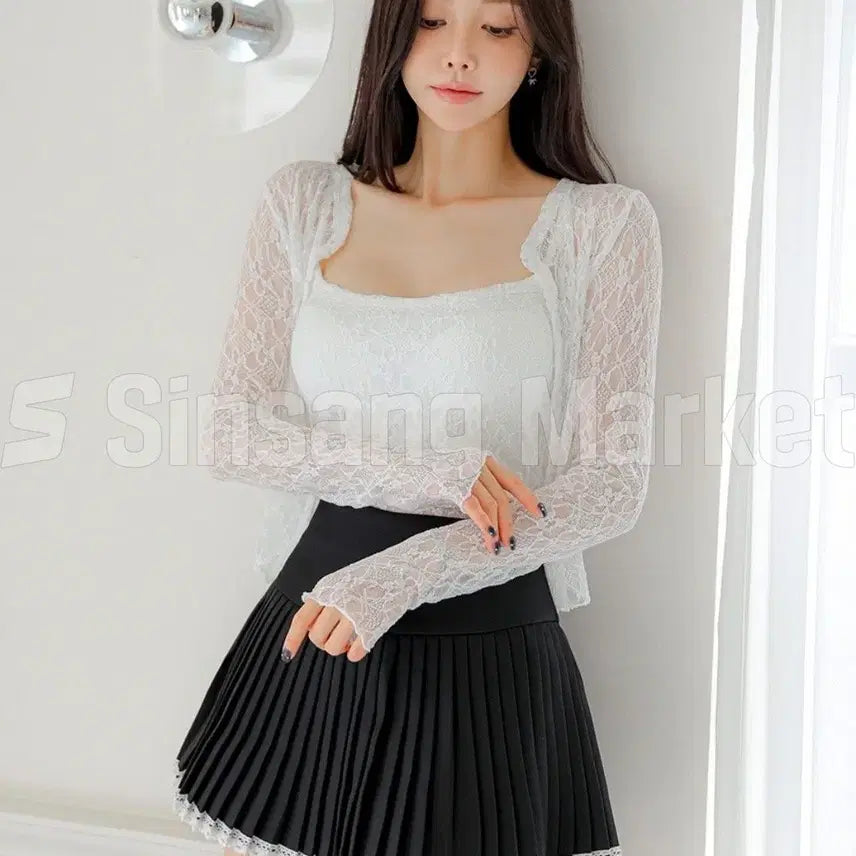 [BUNJANG] Black Lace V-Neck Cropped Sheer Top / [빠른발송] 레이가디세트 검정 미니 브이넥 크롭 섹시 간절기 시스루 레이