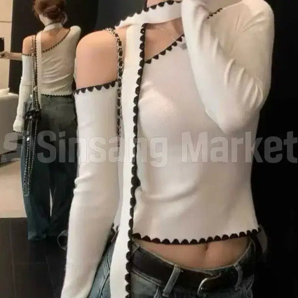 [BUNJANG] Chouchou Mini V-Neck Crop Sexy T-Shirt Set / [빠른발송] 슈슈티 검정 미니 브이넥 크롭 섹시 타이세트간절기