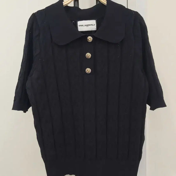 [BUNJANG] Karl Lagerfeld Black Crochet Short Sleeve Knit / 칼라거펠트 블랙 크로셰 반팔 니트 55~66