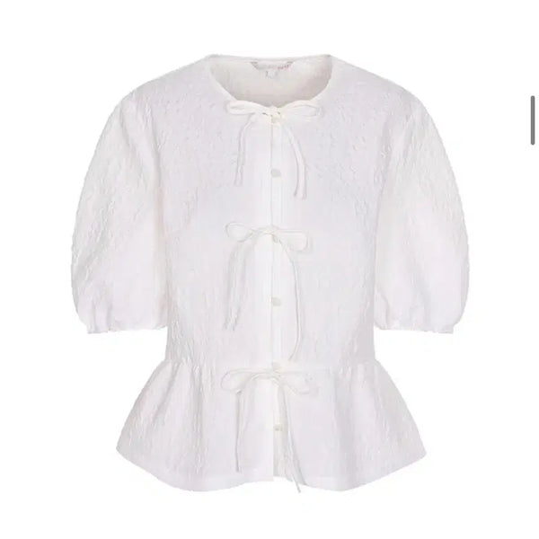 [BUNJANG] Olive des Olive Embroidered Texture Ribbon Volume Sleeve Blouse / 올리브데올리브 엠보 텍스처 리본 볼륨 소매 블라우스