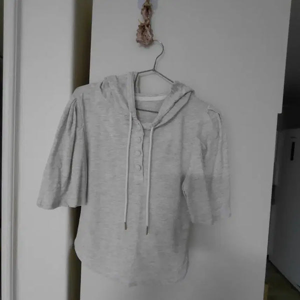 [BUNJANG] Jullog Hooded T-Shirt - Light Gray, Size 44, Puff Sleeve / 줄로그후드티셔츠44