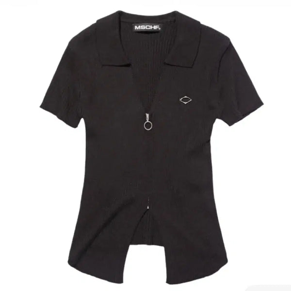 [BUNJANG] Mischief Knitted Two-Tone Short Sleeve Black / 미스치프 니티드 투톤 숏슬리브 블랙