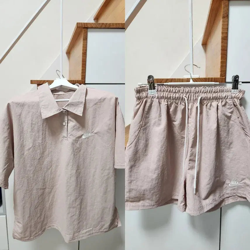 [BUNJANG] Nike Embroidered Indie Pink Short-Sleeve Polo Shirt and Shorts Set / [미착용&새제품/반택무료] 나이키 자수 인디핑크 바스락 시원한 소재 반팔 카라티 + 반바지 세트