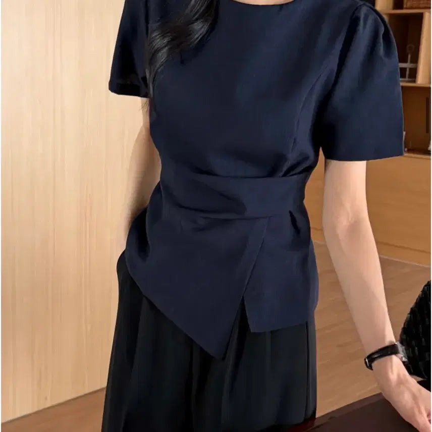 [BUNJANG] Ganadaran Wafer Round Neck Puff Sleeve Blouse with Waist Tie / [새상품]유라타임 [반팔ver추가/여름하객] 르누 드레이프 랩 블라우스